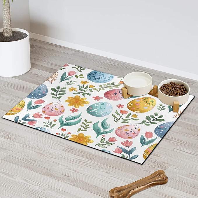 Easter Eggs Dog Food Mat for Floors Absorbent Dog Bowl Mat for Food and Water Dispenser Quick Dry Cat Food Placemat Pet Supplies 16" x 24", Colorful Floral