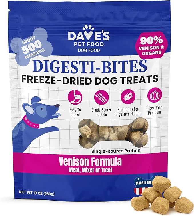 Dave's Pet Food Freeze Dried Venison Treats for Dogs with Pumpkin Fiber & Probiotics, Easy to Digest, Complete & Balanced Nutritious, Freeze Dried Dog Food Topper, USA Made (10 oz)