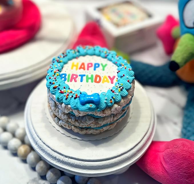 Crispy Vanilla Blue Dog Birthday Cake- Edible Puppy Party Crispy Vanilla Rice Cake- Handmade with Love- Perfect Dog Party Cake Boxed, Iced and Decorated