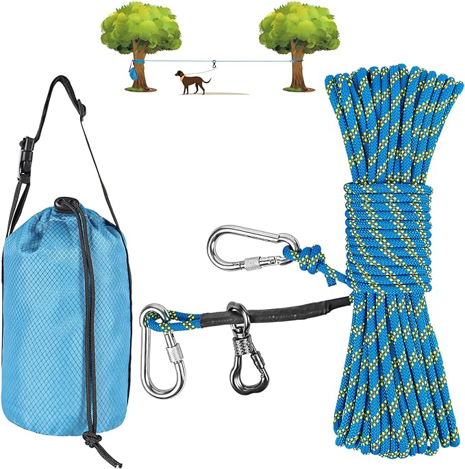 XiaZ Dog Tie Out Cable for Camping, 75ft Portable Overhead Trolley System for Dogs up to 200lbs，Dog Lead for Yard, Camping, Parks, Outdoor Events,5 min Set-up,Blue