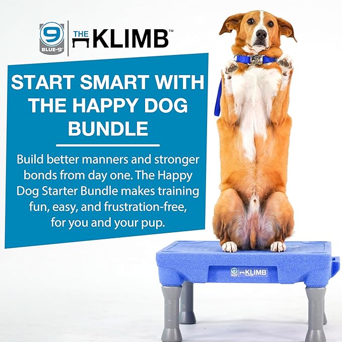 Blue-9 Happy Dog Starter Bundle with KLIMB Dog Training Platform & Traction Mat and Inspire Training Treat Pouch & Training Treats, Blue