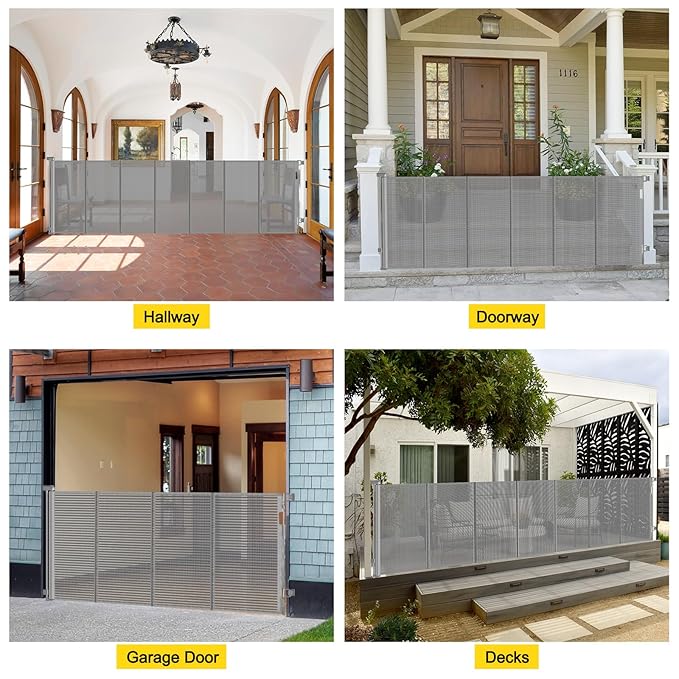 Reinforced 42” Extra Tall x 80” Wide Retractable Baby Gates with Rods to Prevent Crawling Through, Extra Tall Dog Gate for Large Openings Indoor Long Mesh Pet Gate for Stairs and Doorways, Gray