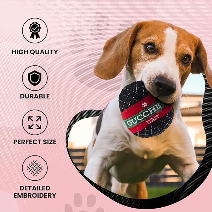 Dog Diggin Designs Gucchewi Plush Squeaky Dog Toy Ball | Luxury-Inspired Parody Designer Ball with Squeaker, Soft Plush Fetch Dog Toy – Prêt-à-Porter Play!