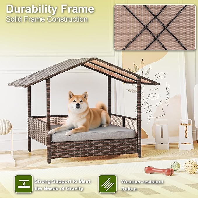Waleaf Wicker Dog House Outdoor Indoor with Canopy and Removable Cushion, Elevated Rattan Dog Bed Shelter for Small/Medium Dogs, Weather Proof Cushion Cover Pet Cabana for Patio, Deck, Pool, Yard