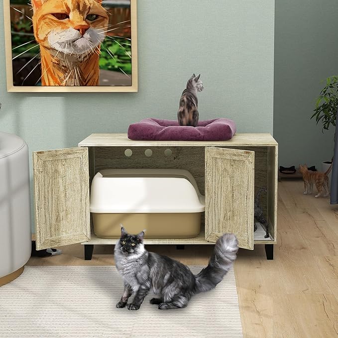 TaoHFE Hidden Cat Litter Box Enclosure Furniture with Cats Scratch Pad Farmhouse Enclosed Cat Litter Boxes Cabinet Furniture with Doors Wooden Indoor Cats Box House,Oak