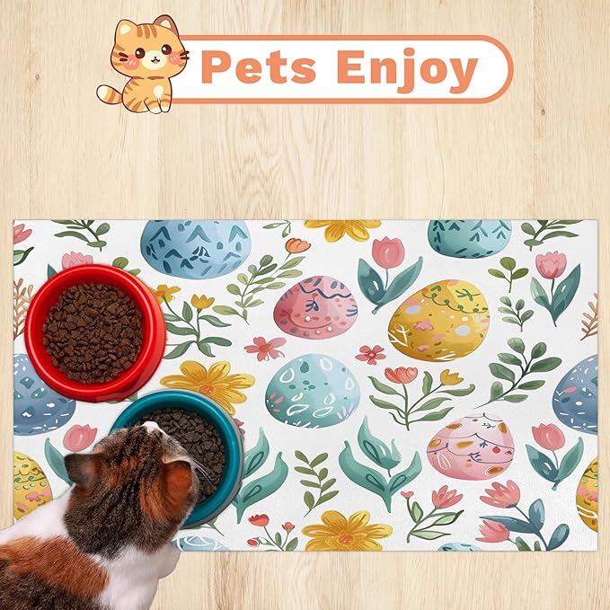 Easter Eggs Dog Food Mat for Floors Absorbent Dog Bowl Mat for Food and Water Dispenser Quick Dry Cat Food Placemat Pet Supplies 16" x 24", Colorful Floral