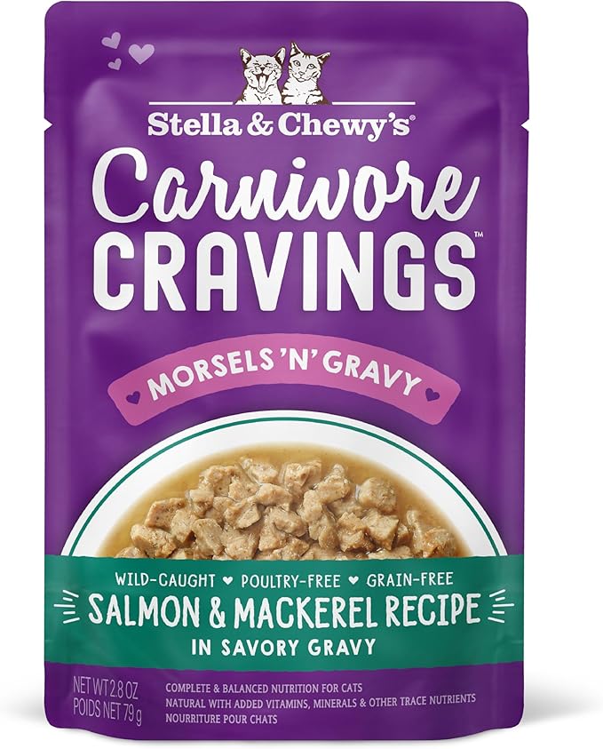 Stella & Chewy's Carnivore Cravings Wet Cat Food Pouches - Premium Salmon & Mackerel Recipe - Grain-Free Morsels & Gravy - Perfect for Picky Eaters - Complete Meal or Topper - 2.8oz, 24-Pack