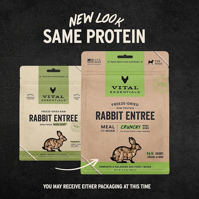 Vital Essentials Freeze Dried Dog Food, Raw Rabbit Crunchy Mini Nibs | Complete Meal or Topper | 96% Rabbit, Organs & Bone | Limited Ingredient, High Protein, Grain Free Dry Dog Food | 5.5 oz Bag