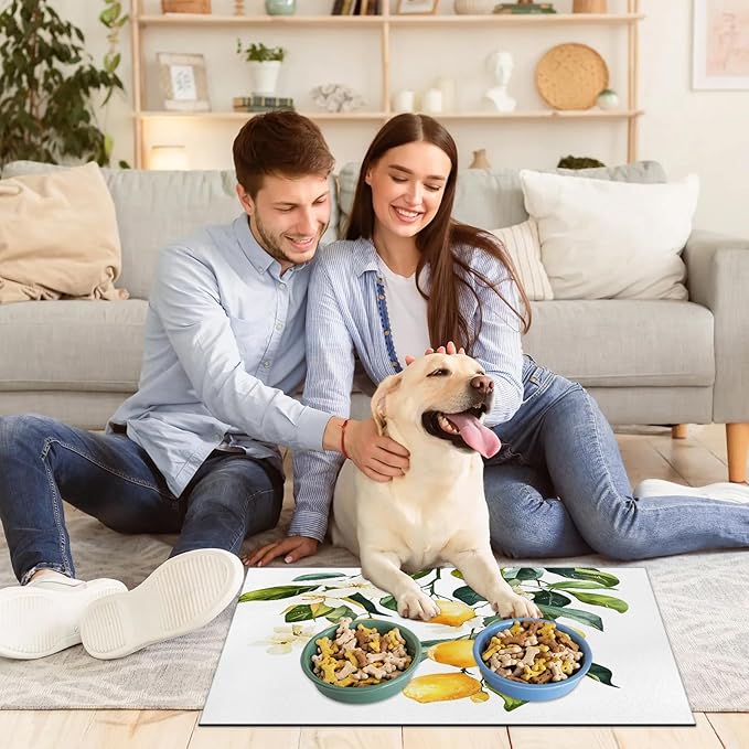 Lemon Dog Food Mat for Floors Absorbent Dog Bowl Mat for Food and Water Dispenser Quick Dry Cat Food Placemat Pet Supplies 17" x 30", Floral Plant