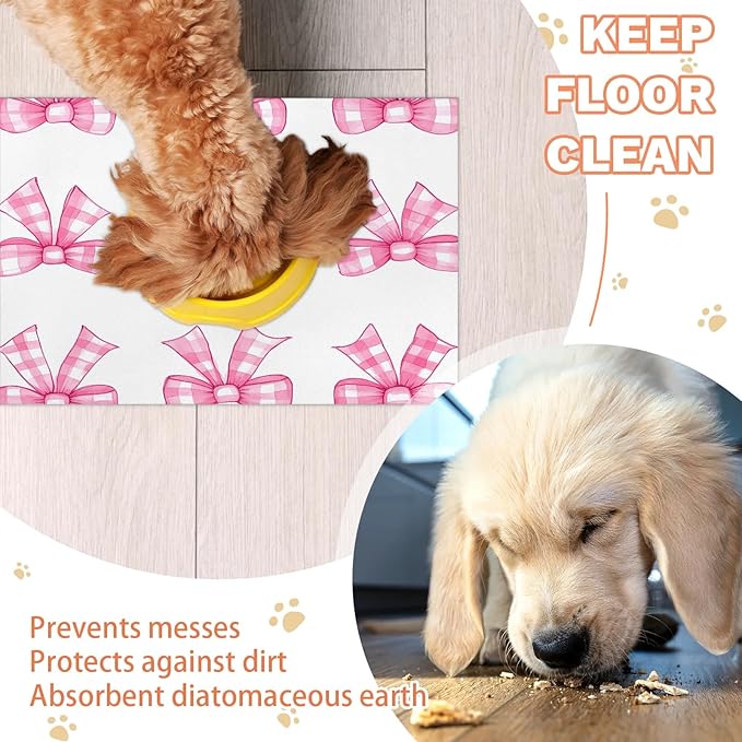 Plaid Bow Dog Food Mat for Floors Absorbent, Quick Dry Water Dispenser Mat for Food, Water, Pet Supplies 17" x 30", Pink Bowknot