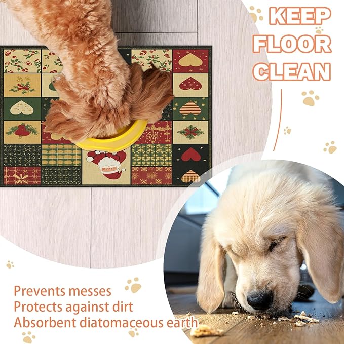 Santa Claus Dog Food Mat for Floors Absorbent, Quick Dry Water Dispenser Mat for Food, Water, Pet Supplies 24" x 32", Christmas Tree