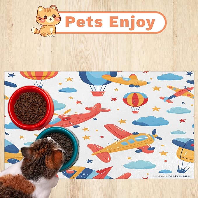 Airplane Dog Food Mat for Floors Absorbent, Quick Dry Water Dispenser Mat for Food, Water, Pet Supplies 16" x 24", Rainbow Clouds