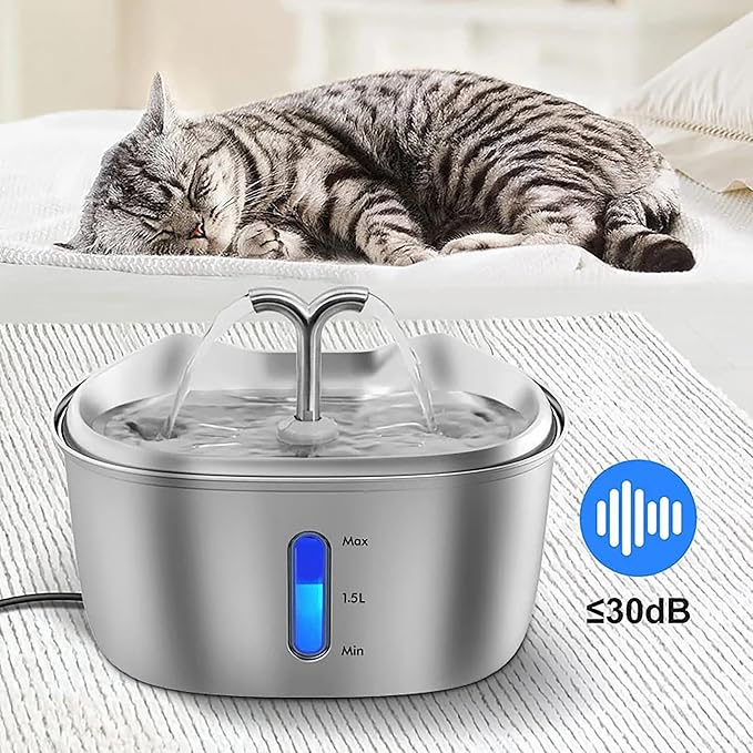 Leo's Paw Stainless Steel Cat Water Fountain 101oz/3L Food-Grade 304 Stainless Steel Automatic Pet Water Dispenser with Water Level Window Multi-Layer Filtration Ultra Quiet & Peaceful Flow