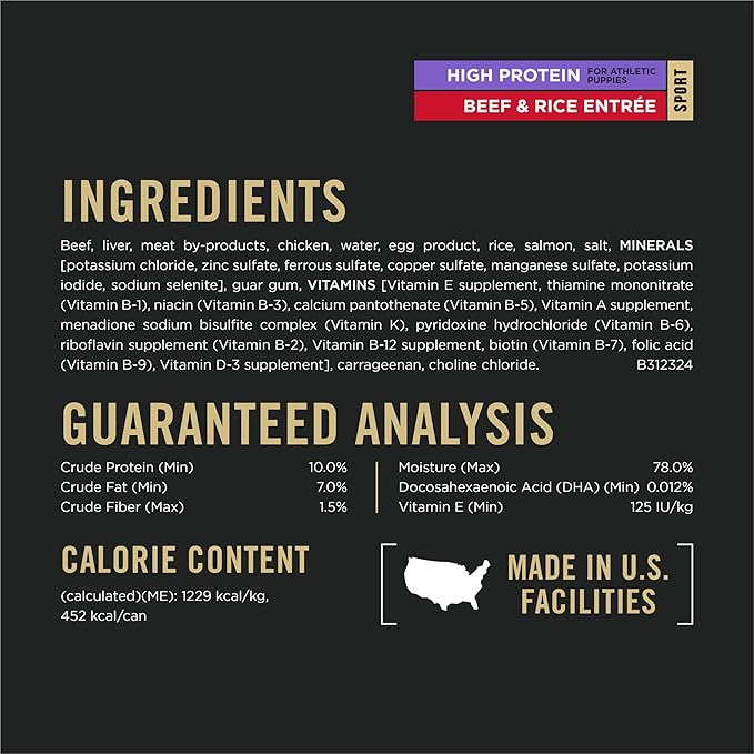 Purina Pro Plan Sport High Protein Puppy Food Beef & Rice Entree Wet Formula - (Pack of 12) 13 oz. Cans