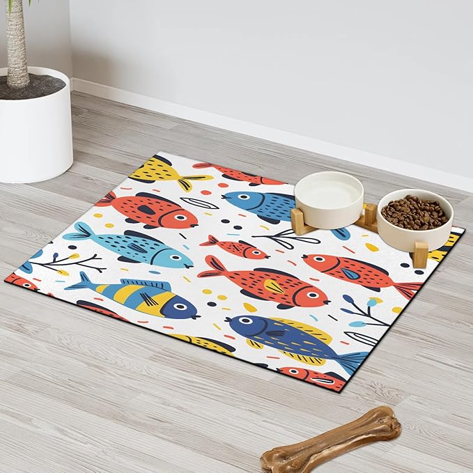 Colorful Fish Dog Food Mat for Floors Absorbent Dog Bowl Mat for Food and Water Dispenser Quick Dry Cat Food Placemat Pet Supplies 16" x 24", Ocean