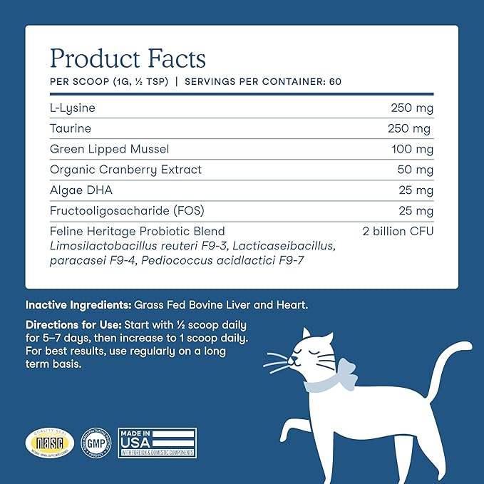Fera Pets Wellness Blend - Cat Health Supplement with Feline-Specific Probiotics, Taurine and Lysine - Promotes Healthy Joints, Immunity, Heart & Bladder -Powder - 60 Scoops