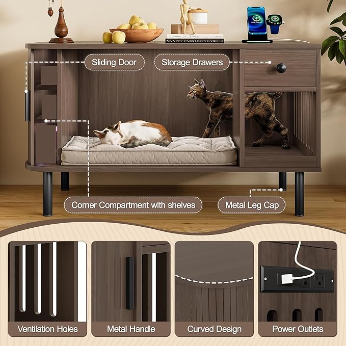 37.4" Cat Litter Box Enclosure with Sliding Door Hidden Cat Litter Box Enclosure and End Table with Drawer Charging Station Modern Accent Cabinet Indoor Kitty House for Living Room Bedroom Brown