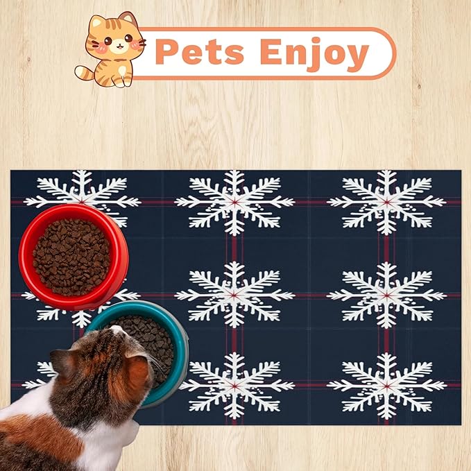 Xmas Winter Snowflake Dog Food Mat for Floors Absorbent, Quick Dry Water Dispenser Mat for Food, Water, Pet Supplies 24" x 32",