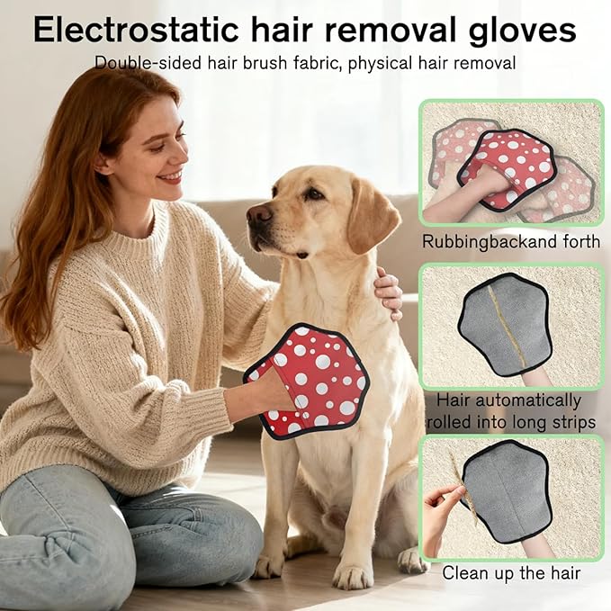 Round Dots Print Electrostatic Pet Hair Removal Glove for Cats & Dogs - Reusable Grooming Mitt for Couch, Carpet, Car Seat & Laundry - Large 9x9 Inch