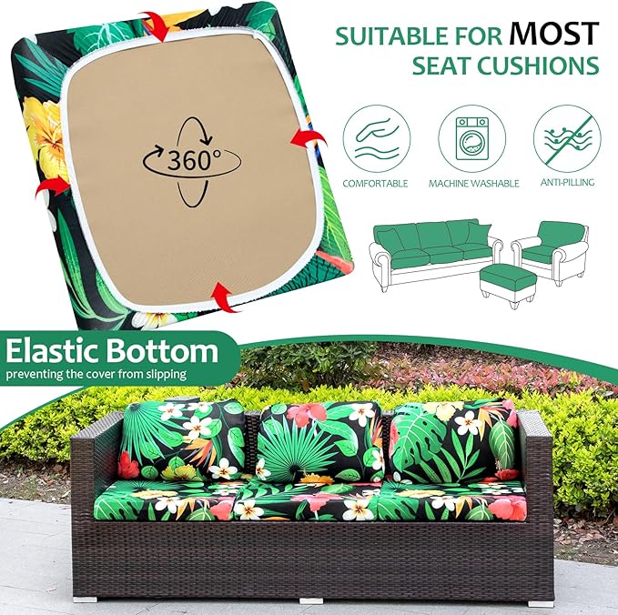 HANDONTIME Modern Plants Outdoor Cushion Covers 8pcs Green Leaves Black Couch Cushion Covers Replacement Patio Couch Cover Sofa Cover Indoor Patio Cushion for Outdoor Furniture Washable, Cover Only