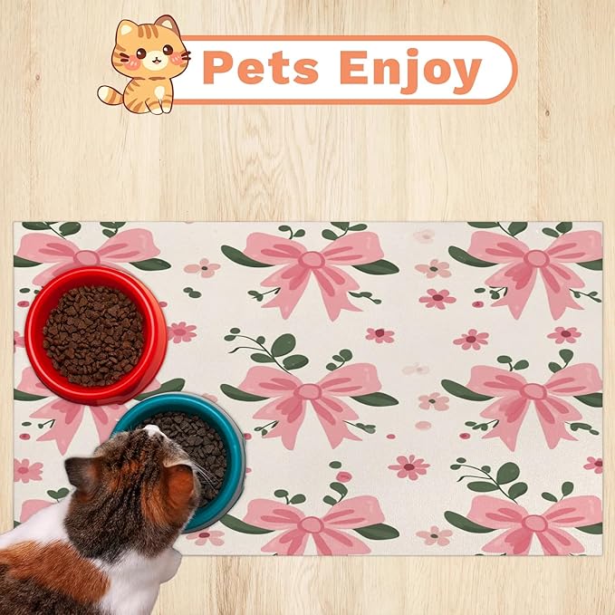 Pink Bow Dog Food Mat for Floors Absorbent, Quick Dry Water Dispenser Mat for Food, Water, Pet Supplies 12" x 20", Flower Leave