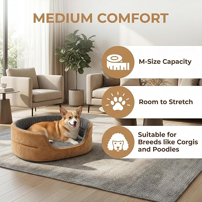 Medium Dog Bed Cat Bed 18x26 Inch, Calming Pet Bed for Small Dogs & Cats, Half-Enclosed Open-Top Velvet Anti-Anxiety Bed, Machine Washable Cozy Snuggle Bed (Camel)