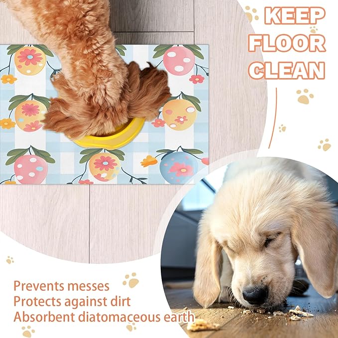Happy Easter Dog Food Mat for Floors Absorbent Dog Bowl Mat for Food and Water Dispenser Quick Dry Cat Food Placemat Pet Supplies 12" x 20", Blue White Plaid
