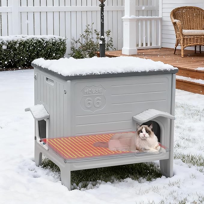 Rockever Heated Cat House for Outside in Winter, 100% Waterproof & Insulated Heated Cat House for Outdoor Cats with Heating Pad, Elevated Outdoor Cat House Safe Escape Door(M,Grey&Heating Pad)