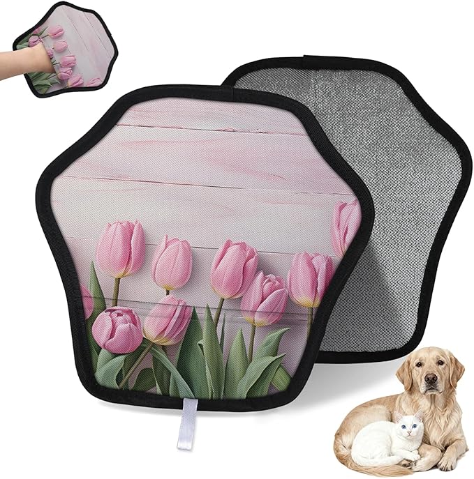 Flower Tulip Electrostatic Pet Hair Removal Glove for Cats & Dogs - Reusable Grooming Mitt for Couch, Carpet, Car Seat & Laundry - Large 9x9 Inch
