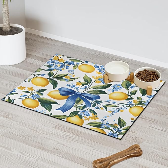 Lemon Fruit Dog Food Mat for Floors Absorbent Dog Bowl Mat for Food and Water Dispenser Quick Dry Cat Food Placemat Pet Supplies 12" x 20", Bows Flower