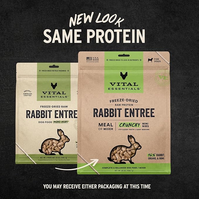 Vital Essentials Freeze Dried Dog Food, Raw Rabbit Crunchy Mini Nibs | Complete Meal or Topper | 96% Rabbit, Organs & Bone | Limited Ingredient, High Protein, Grain Free Dry Dog Food | 25 oz Bag