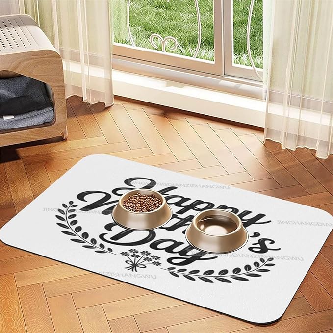 Pet Feeding Mats with Residue Collection Happy Mother's Day Floral Gift for Mom Dy Waterproof Dog Cat Bowl Mat 24x16In with Prevent Water Food Spills