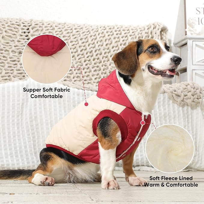 Fleece Lining Extra Warm Dog Hoodie in Winter for Large Dogs Jacket Pet Coats with Hooded,Beige and Red XXXL