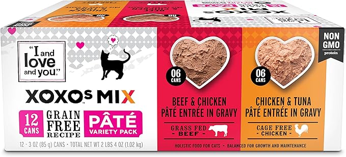 I and Love and You XOXOs Wet Cat Food - Chicken + Beef Pâté Variety Pack - Grain Free, Filler Free, 3oz Pack of 12 Cans