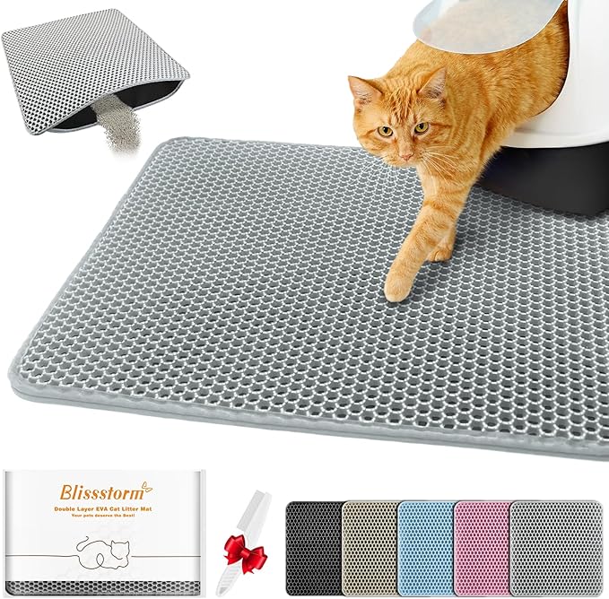 Waterproof Cat Litter Mat, Double Layer EVA, Odor-Free Large Grid, Urine Proof, Easy Cleanup 27 x 46, Gray