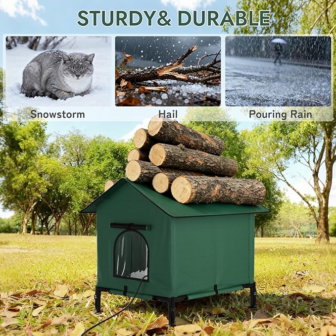 XLarge Heated Cat House for Outside, 3-in-1 Weatherproof Outdoor Cat Houses 100% Weatherproof, Safe Escape Door Cat Shelter with Heater for Feral Barn Cat Kitty-31.1" L*25.6" W*27.9" H