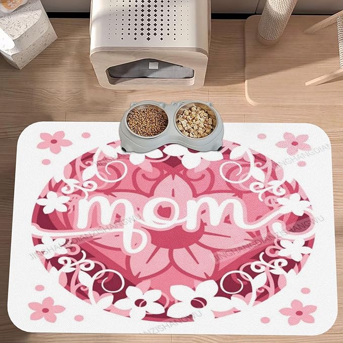 Dog Food Mats for Floors Absorbent Pet Cat Food Mat Happy Mother's Day Floral Gift Mom Cp Non Slip Dogs Bowl Mats for Water Dog Placemats Feeding Mat Pet Supplies 18X12In