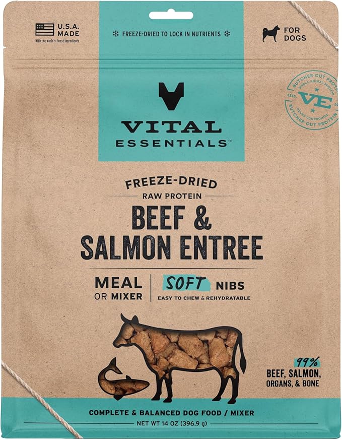 Vital Essentials Freeze Dried Dog Food, Raw Beef & Salmon Soft Nibs | Complete Meal or Topper | 99% Beef, Salmon, Organs & Bone | High Protein, Grain Free Dry Dog Food | 14 oz Bag