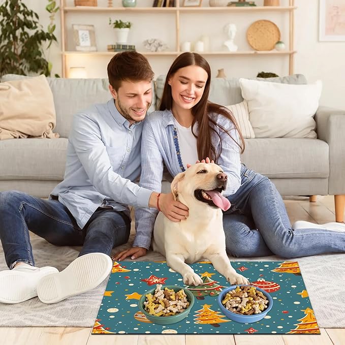 Christmas Tree Dog Food Mat for Floors Absorbent, Quick Dry Water Dispenser Mat for Food, Water, Pet Supplies 16" x 24", Xmas Ball