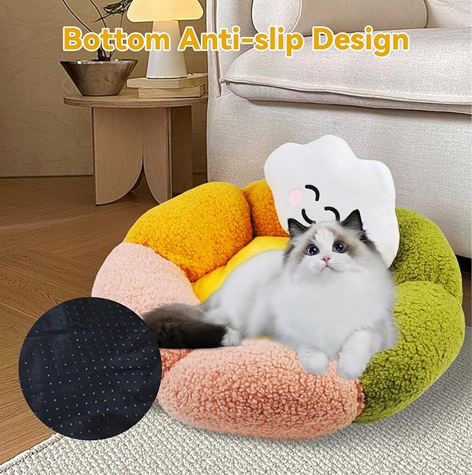 Cute Flower Cat Bed for Indoor Kittens,Calming Donut Bed with Cloud Pillow Washable Fluffy Cat Sleeping Nest Anti-Slip Bottom for Small Pet Kitten