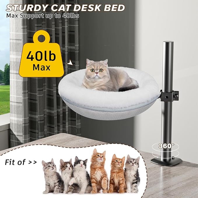 Cat Bed for Desk Removable Cushion Pet Desk Bed for Home Office, Comfortable Cat Perch for Indoor Kitty Max 40 LBS, 360° Rotating & Height Adjustable