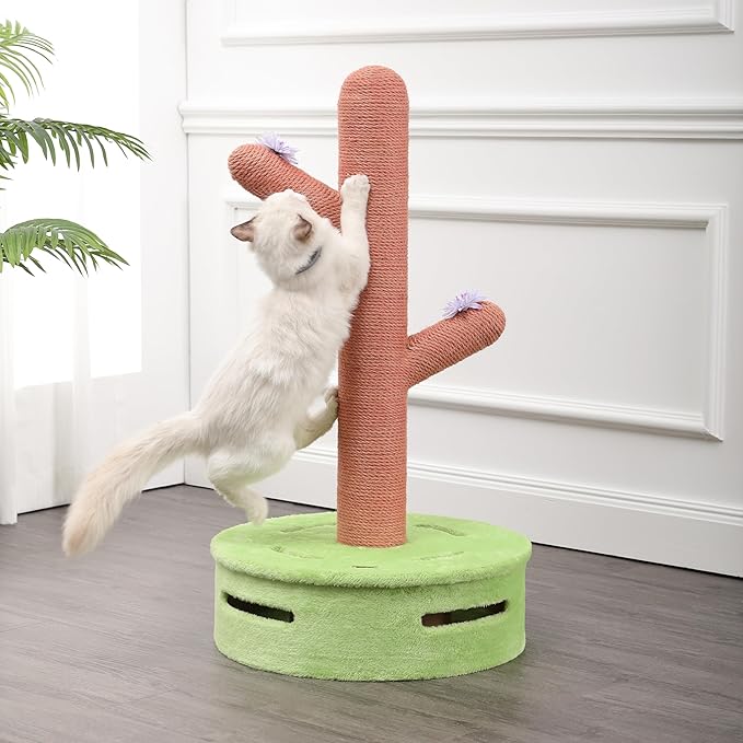 CTR1004A Rosa 36" Modern Jute Cactus Cat Scratching Post with Flower Toys and Built-in Bell Toys, Pink/Green