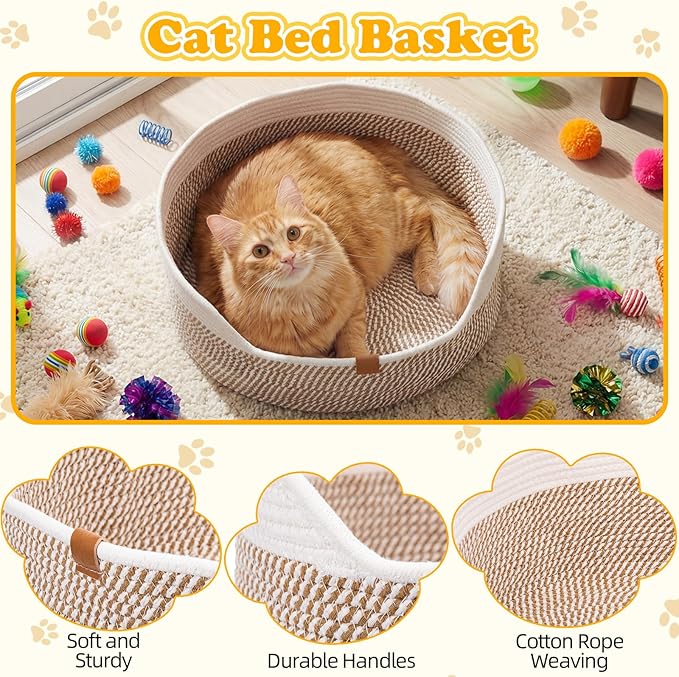 Leitee Valentine's Day Cat Bed Storage Basket with 40 Pcs Cat Variety Toys Pack Set Includes Pillows, Spring Toy, Chew Rope and Balls for Kitten Kitty Swat Hunt Interactive Pet(White,Yellow)