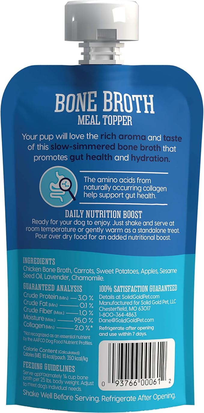 Solid Gold Chicken Bone Broth for Dogs - Grain Free Dog Food Topper Rich in Collagen and Superfoods - Nutrient Dense Dog Gravy Topper for Dry Food - Promotes Gut Health and Hydration - Single