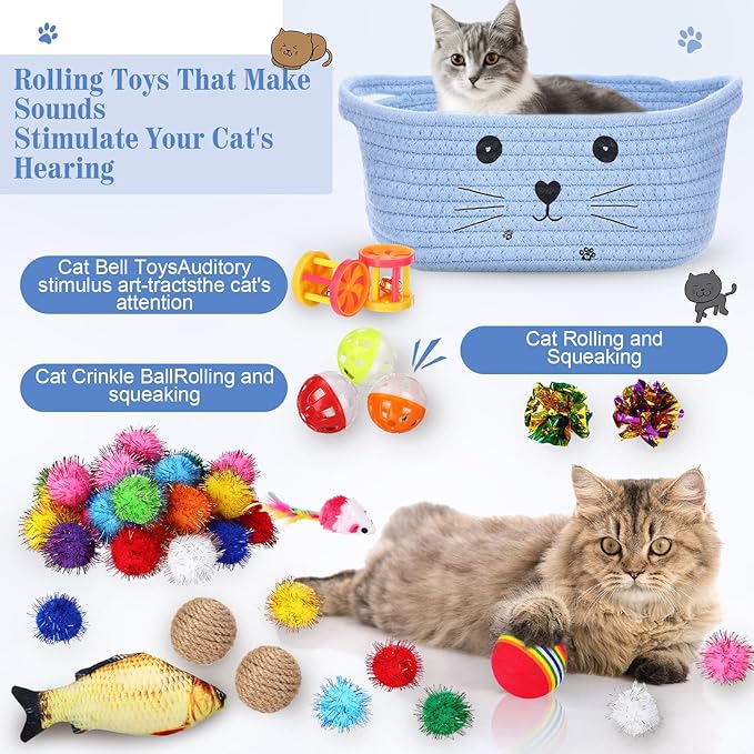 Zopeal 58 Pcs Easter Cat Storage Basket Gift Toys Set, Colorful Flashing Balls Pet Bell Crinkle Balls Spring Toys Attract Cat to Swat, Hunt, Interactive for Pet(Light Blue,9.8 Inch)