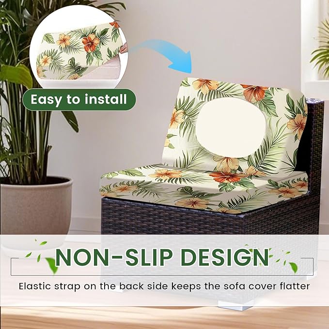 HANDONTIME 8Pcs Outdoor Patio Cushion Covers Floral Leaves Stretch Couch Cushion Cover Patio Couch Slipcover for Outdoor/Indoor Washable Non-Slip Furniture Protector for Pet (Green, Cover Only)