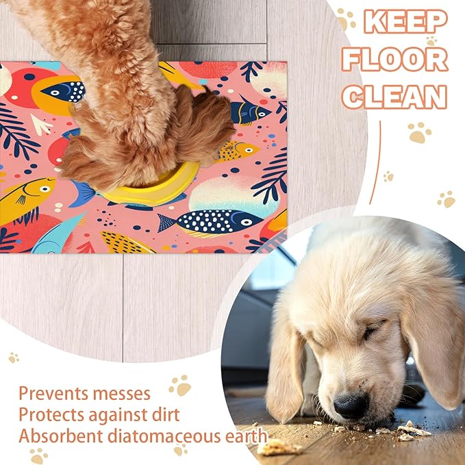 Tropical Fish Dog Food Mat for Floors Absorbent Dog Bowl Mat for Food and Water Dispenser Quick Dry Cat Food Placemat Pet Supplies 16" x 24", Coral