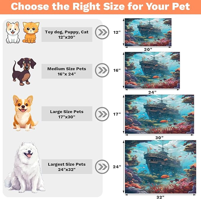 Pirate Ship Dog Food Mat for Floors Absorbent, Quick Dry Water Dispenser Mat for Food, Water, Pet Supplies 17" x 30", Ocean Sea