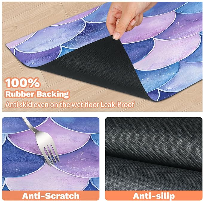 Mermaid Scales Dog Food Mat for Floors Absorbent Dog Bowl Mat for Food and Water Dispenser Quick Dry Cat Food Placemat Pet Supplies 12" x 20", Blue Purple Ocean