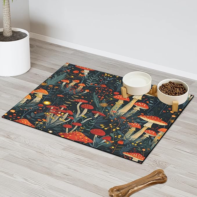 Red Mushroom Dog Food Mat for Floors Absorbent Dog Bowl Mat for Food and Water Dispenser Quick Dry Cat Food Placemat Pet Supplies 24" x 32", Green Leaf
